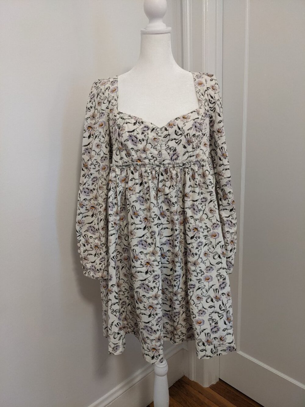 Free People Floral Corduroy Sweetheart Neck Puff Sleeve Mini Dress L, smocked